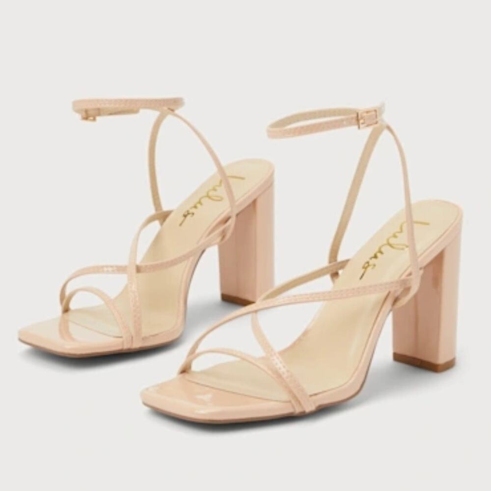 Lulu's Makennaa Nude Strappy Block Heel Ankle Strap Sandals Size 8.5